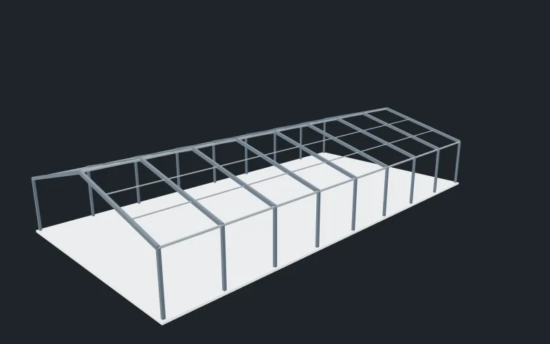 Ilustračný 3D model oceľovej konštrukcie haly: stĺpy, väzníky a väznice
