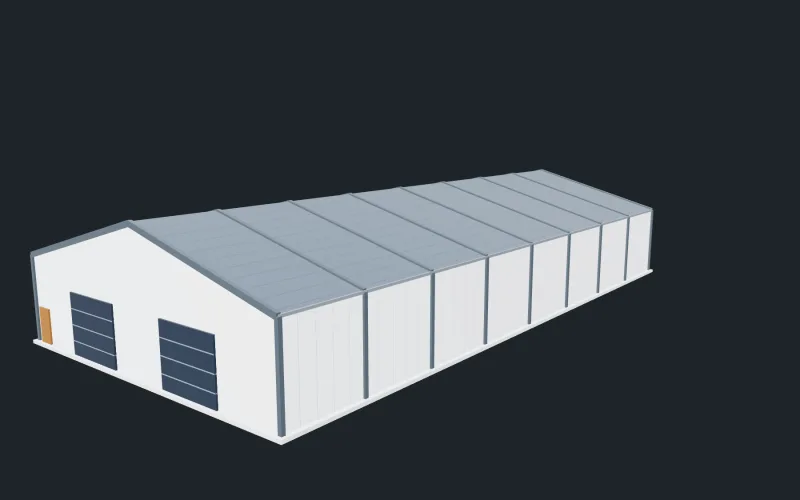 Ilustračný 3D model montovanej haly 20 × 40 m so sendvičovými panelmi a dvoma bránami